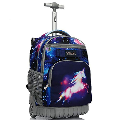Tilami Rolling Backpack 19 inch Wheeled LAPTOP Boys Girls Travel School Student Trip, unicorn
