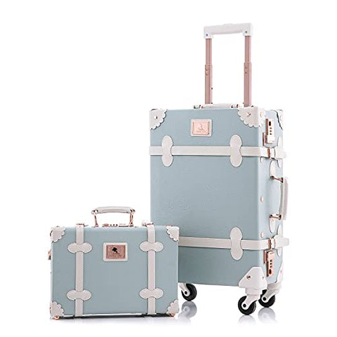 Unitravel Vintage Luggage Set 20 inch PU Leather Women Suitcase with 12 inch Handbag (Embossed Blue)
