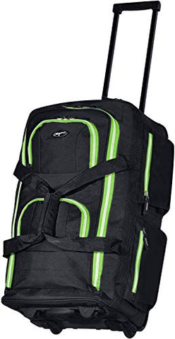 Olympia 8 Pocket Rolling Duffel Bag, Black/Lime, 22 inch