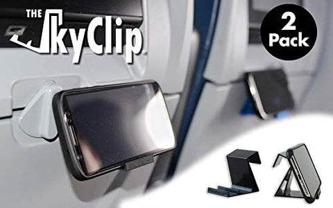 The SkyClip - (Black, 2 Pack) Airplane Cell Phone Seat Back Tray Table Clip and Phone Stand, Compatible with iPhone, Android, Tablets, and Readers