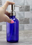 Cornucopia 8oz Cobalt Blue Glass Bottles w/Stainless Steel Pumps (2 pack), Boston Round Bottles for Essential Oils, Lotions and Liquid Soap
