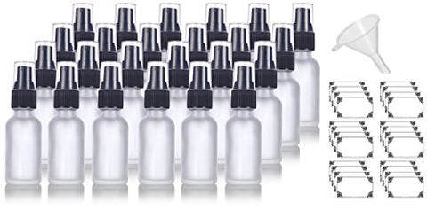 1 oz Frosted Clear Glass Boston Round Treatment Pump Bottle (24 pack) + Funnel and Labels for cosmetics, serums, essential oils, aromatherapy, food grade, bpa free