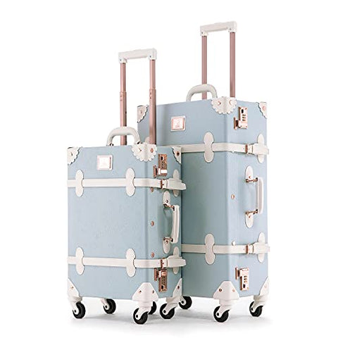 UNIWALKER 2 Piece Vintage Luggage Set 26inch Spinner Trunk with 20inch Carry on Cute Suitcase for Women (Embossed Blue)