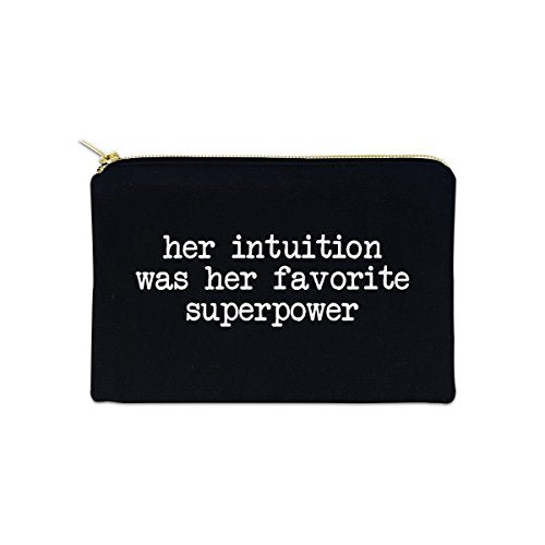 Her Intuition Was Her Favorite Superpower 12 oz Cosmetic Makeup Cotton Canvas Bag - (Black Canvas)