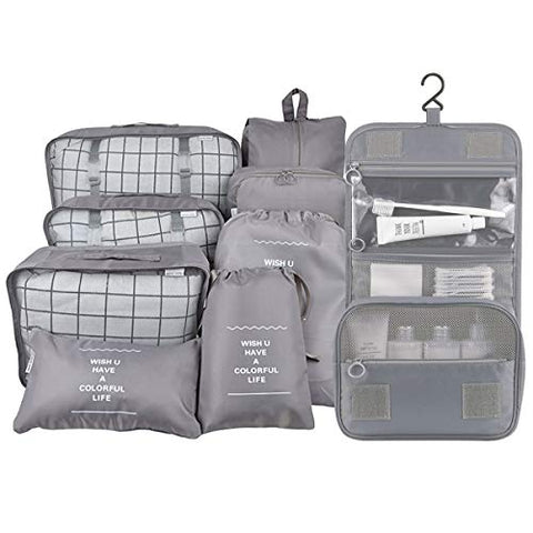 Belsmi 9 Set Packing Cubes With Shoe Bag - Compression Travel Luggage Organizer (9pcs Grey)