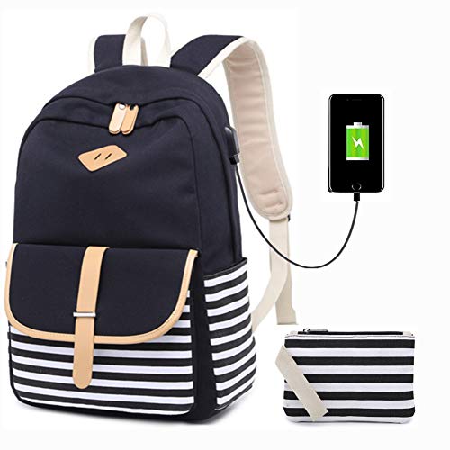 Canvas School Backpack USB College Bookbag 15.6 inch Laptop Backpack with USB Charging Port