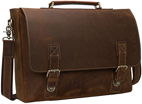 Iswee Crazy Horse Leather Men'S Messenger Bag Vintage Briefcase Fit 16" Or 17" Laptop Satchel