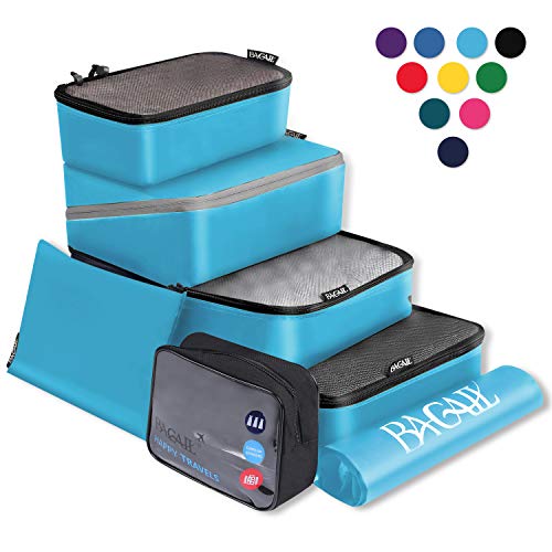 BAGAIL 7 pcs Travel Packing Organizers with 3 Packing Cubes,1 Flat Bag, 1 Shoe Bag,1 Bra