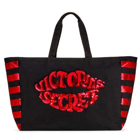 Victoria's Secret Tote Bag Weekender Black Red Lips Sequins Kiss Large