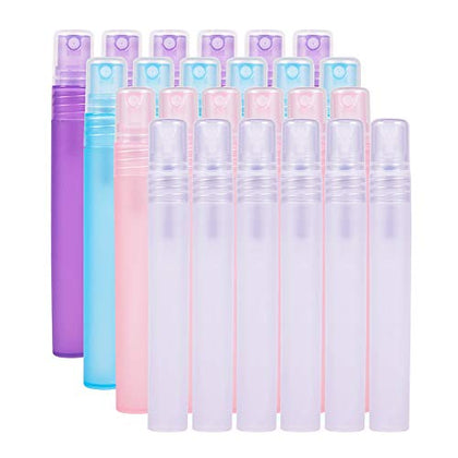 BENECREAT 24 Pack 10ml(0.34oz) Frosted Plastic Perfume Bottle Fine Mist Spray Bottles with Atomizer Pumps for Perfume, Essential Oils and Other Beauty Product, 4 Colors