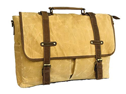 18 Inch Mens Messenger Bag Inch Waterproof Vintage Genuine Leather Waxed Canvas Briefcase Large