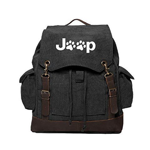 Jeep Wrangler Cat Dog Paw Prints Canvas Rucksack Backpack w/Leather Straps Black