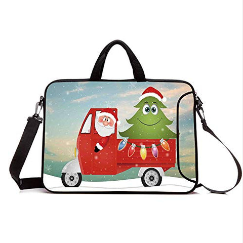 17" Neoprene Laptop Bag Sleeve with Handle,Adjustable Shoulder Strap & External Side Pocket,Christmas,Santa in Red Vintage Truck with Fun Cartoon Xmas Tree and Colorful Fairy Lights Print,Multi