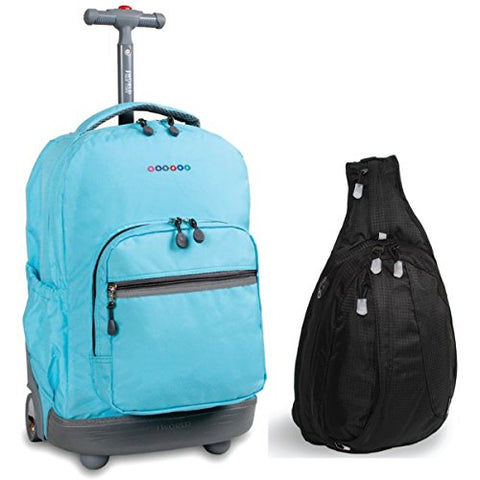 J World New York Sunrise Rolling Backpack & Stacy Sling Backpack Set (Seafoam & Black)
