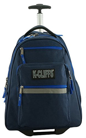 K-Cliffs Heavy Duty Rolling Backpack School Backpacks with Wheels Deluxe Trolley Book Bag Wheeled Daypack Workbag Multiple Pockets Bookbag with Safety Reflective Stripe Navy Blue
