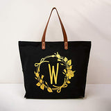 ElegantPark Monogrammed Gifts for Women Personalized Gifts Bag Monogram W Initial Bag Tote for Wedding Bride Bridesmaid Gifts Birthday Gifts Teacher Gifts Bag with Pocket Black Canvas