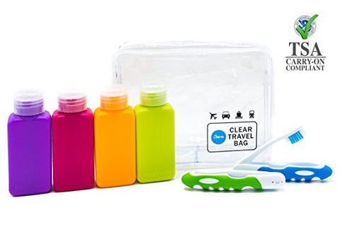 Clear Tsa Approved Carry-On Toiletry Bag Set + 4 Leak Proof Refillable Travel Bottles + 2 Travel