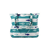 Beach Tote Bag Shoulder Bag with Zipper and Multi Pockets Water Resistant for Gym Beach Travel Shopping, Green Stripes Fish