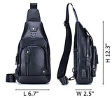 BULLCAPTAIN Men Sling Crossbody Bag with USB Charging Port Genuine Leather Shoulder Chest Bag Travel Hiking Backpack (Black)