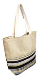 Large Jute Top Metallic Stripe Print Canvas Beach Bag Tote - 22"x14"x7" (Metallic Stripe Black -