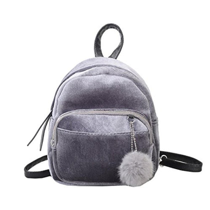 Women Girls Mini Fur Ball Backpack Fashion Shoulder Bag Travel School Bags (Gray)