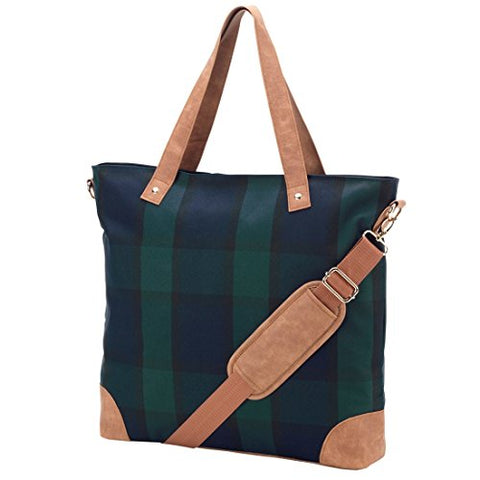 Plaid Shoulder Tote Bag Faux Leather Trim Can Be Personalized (Plaid - Blank)