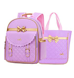 Gazigo Children Princess Waterproof PU Backpack for Elementary School Girls (Large:16.1 x 11.8 x 5.9 inch, Purple Backpack + Handbag)