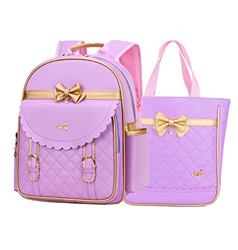 Gazigo Children Princess Waterproof PU Backpack for Elementary School Girls (Large:16.1 x 11.8 x 5.9 inch, Purple Backpack + Handbag)