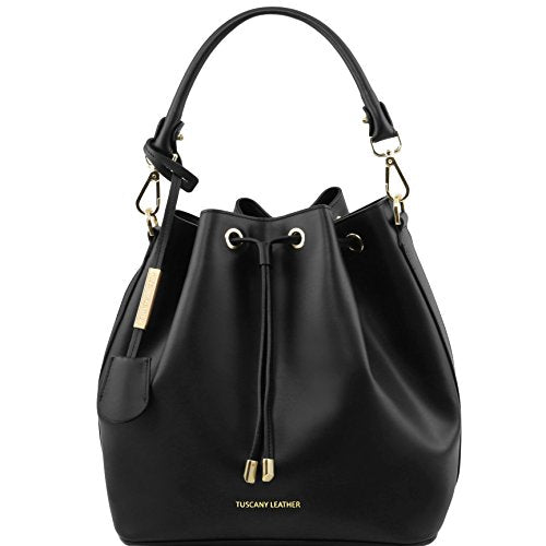 Tuscany Leather Vittoria Ruga Leather Secchiello Bag Black Leather Handbags