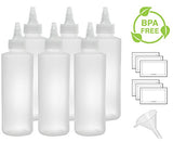 Twist Top Spout Natural Clear Refillable (BPA Free) Plastic Squeeze Bottle - 6 oz (6 pack) + Funnel and Labels