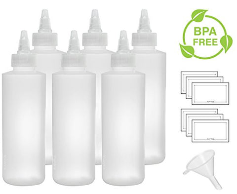 Twist Top Spout Natural Clear Refillable (BPA Free) Plastic Squeeze Bottle - 6 oz (6 pack) + Funnel and Labels