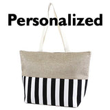 Large Zipper Top Stripe Print Canvas Beach Bag Tote - 22"x14"x7" (Personalized Black)