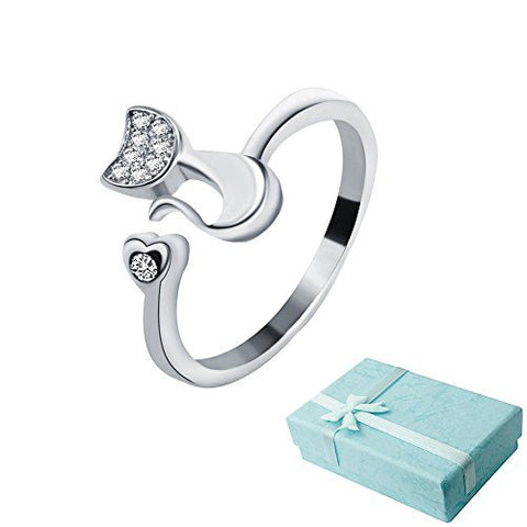 Acxico Little Cat 925 Sterling Silver with Crystal Inlaid Adjustable Ring + 1 Gift Box by Acxico