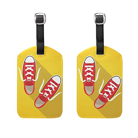 PU Leather Luggage Tags 2PCS with Red Sneakers On Bright Yellow Background for Suitcase Travel Bag