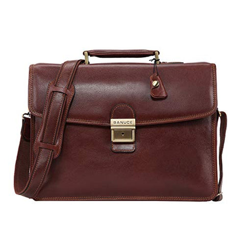 Banuce Full Grain Italian Leather Briefcase for Men Business Lock Attache Case 14 inch Laptop