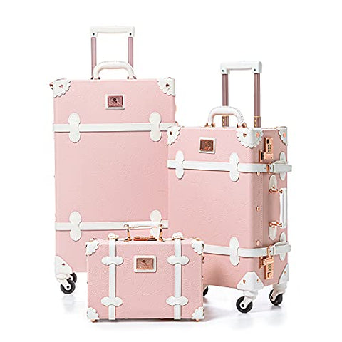 Unitravel Vintage Luggage Set PU Leather Women Cute Suitcase with Handbag (Embossed Pink, 26in 20in 12in)