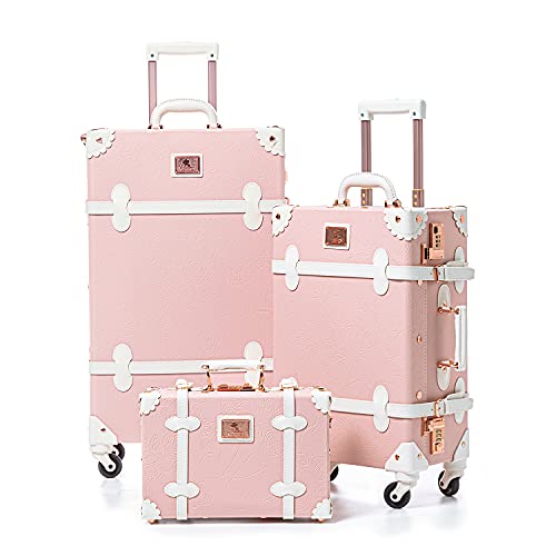  Unitravel 2 Piece Vintage Luggage Set, 20 inch Handmade Faux  Leather Carry on Suitcase for Women with 12 inch Cosmetic Train Case  Handbag (Embossed Pink)