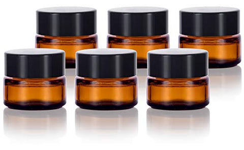 Amber Glass 5 ml 1/6 oz Small Thick Wall Balm Jars with Black Smooth Lids (6 pack)