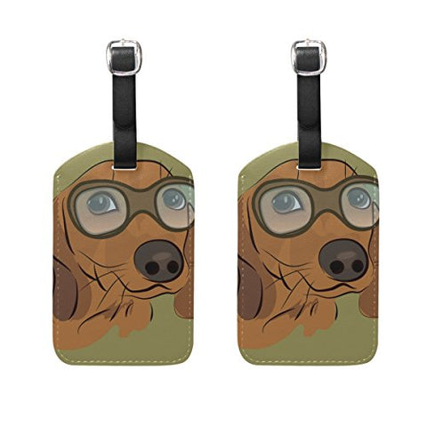 LORVIES Dachshund Dog With Glasses Luggage Tags Travel Labels Tag Name Card Holder for Baggage Suitcase Bag Backpacks, 2 PCS