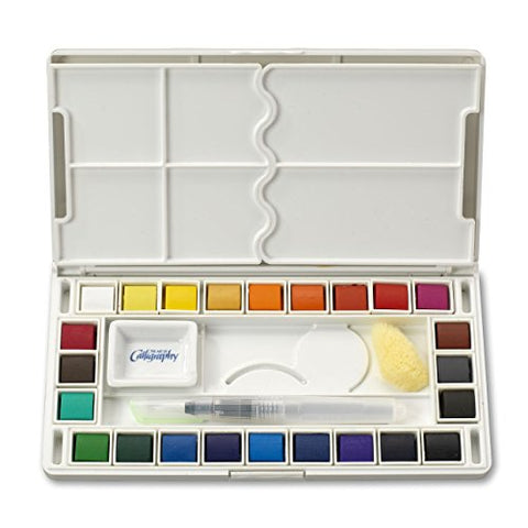 Jerry Q Art 24 Assorted Water Colors Travel Pocket Set- Free Refillable Water Brush With Sponge -