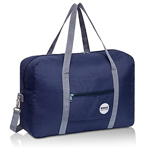 Wandf Foldable Travel Duffel Bag Luggage Sports Gym Water Resistant Nylon (D-Dark Blue with Strap)