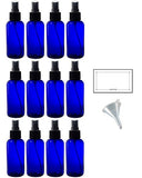 4 oz Cobalt Blue Glass Boston Round Fine Mist Spray Bottle (12 Pack) + Funnel and Labels for Essential Oils, Aromatherapy, Food Grade, bpa Free