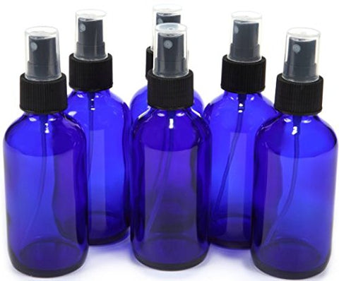 4 oz Cobalt Blue Glass Bottles, with Black Fine Mist Sprayer (Pack of 6)