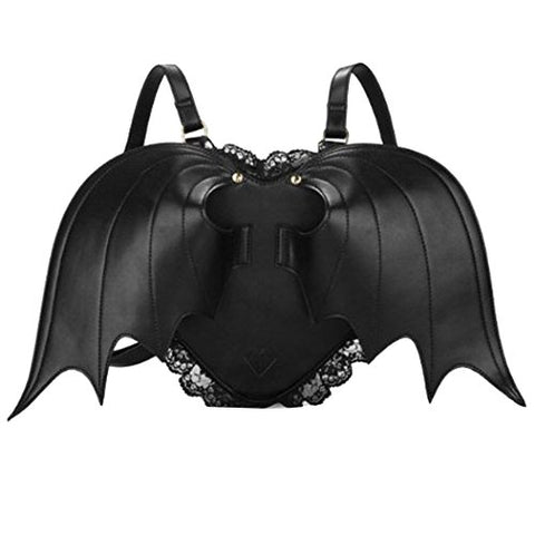 Haolong Womens Girls Black Casual Bat Heart Backpack Wing Gothic Goth Punk Visual Bag