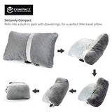 Compact Travel Pillow Made with Shredded Memory Foam and Super Soft Fleece Fabric for Ultimate Comfort in Travel. Patented Design Rolls and Compacts Small for Travel.