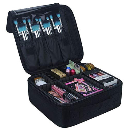 Travel Makeup Train Case Makeup Cosmetic Case Organizer Portable Artist Storage Bag 10.3'' with Adjustable Dividers for Cosmetics Makeup Brushes Toiletry Jewelry Digital accessories Black