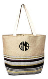 Large Jute Top Metallic Stripe Print Canvas Beach Bag Tote - 22"x14"x7" (Metallic Stripe Black -