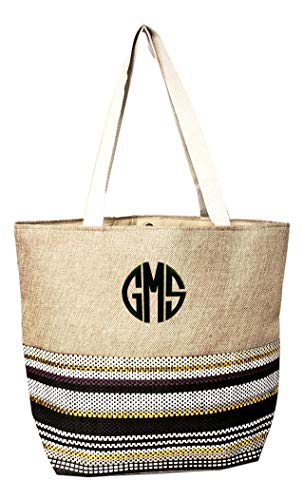 Large Jute Top Metallic Stripe Print Canvas Beach Bag Tote - 22"x14"x7" (Metallic Stripe Black -