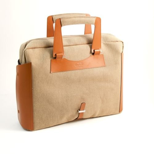 Saddle Leather & Khaki Fabric Briefcase with Padded Computer Compartment and Shoulder Strap