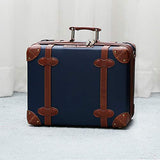 urecity Cute Vintage Carry on Mini Trunk Suitcase with Leather Strips and Shoulder Strap (Navy Blue)
